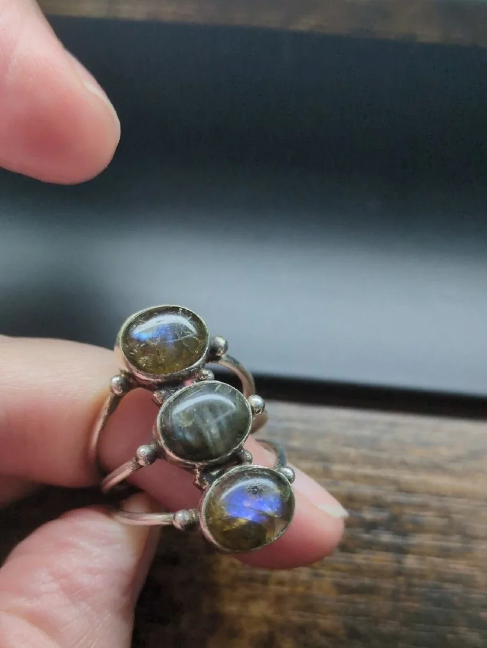 Triple Stone Labradorite Silver Ring - Green/Gray Accent
